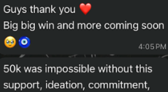 Client message: 50k was impossible without this support